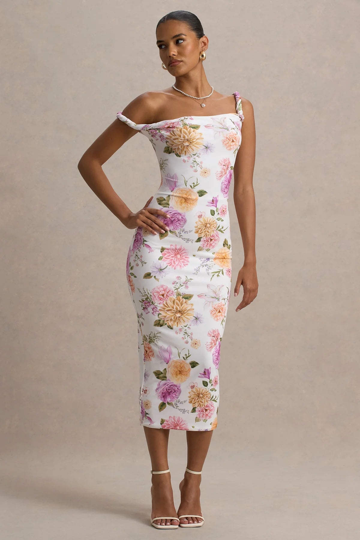 Alouro Peach And Lilac Floral Twisted Midi Dress