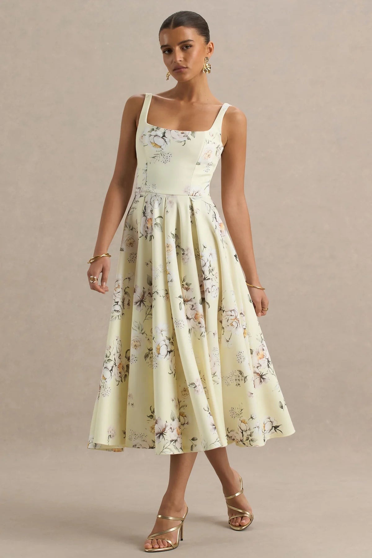 Alouro Lemon Floral Print Square-Neck Midi Dress