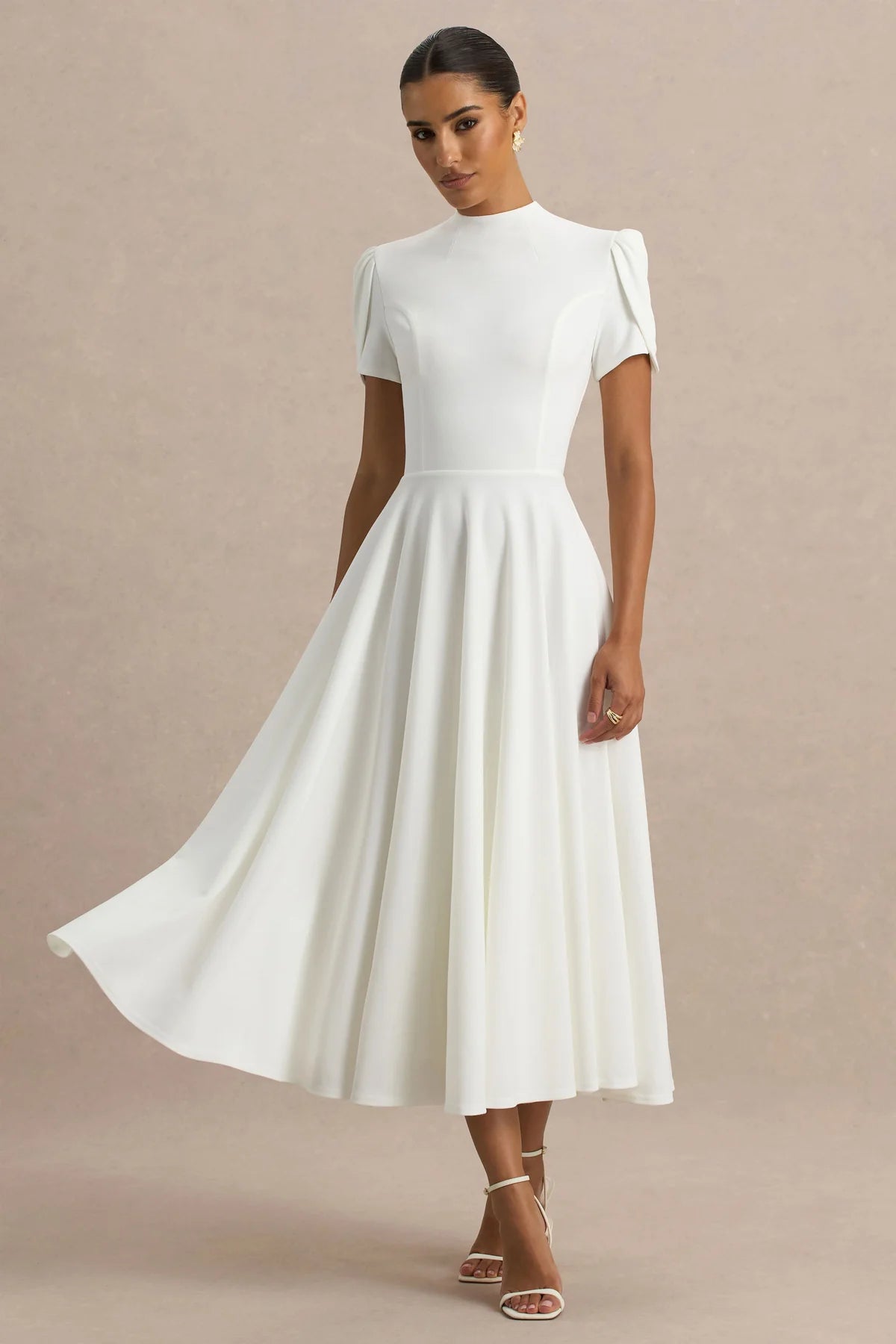 Alouro White High Neck Midi Dress With Puff Sleeves
