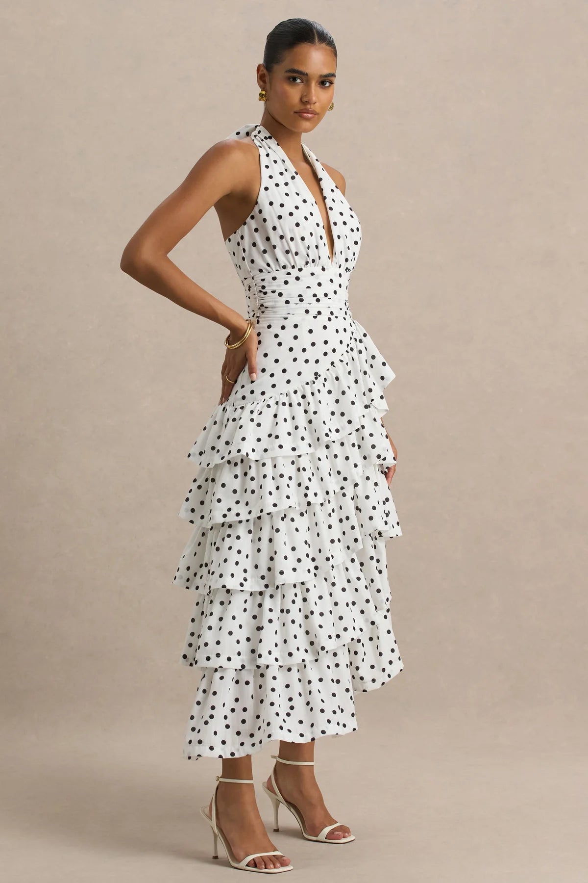 Alouro White – Polka Dot Ruffle Skirt Midi Dress