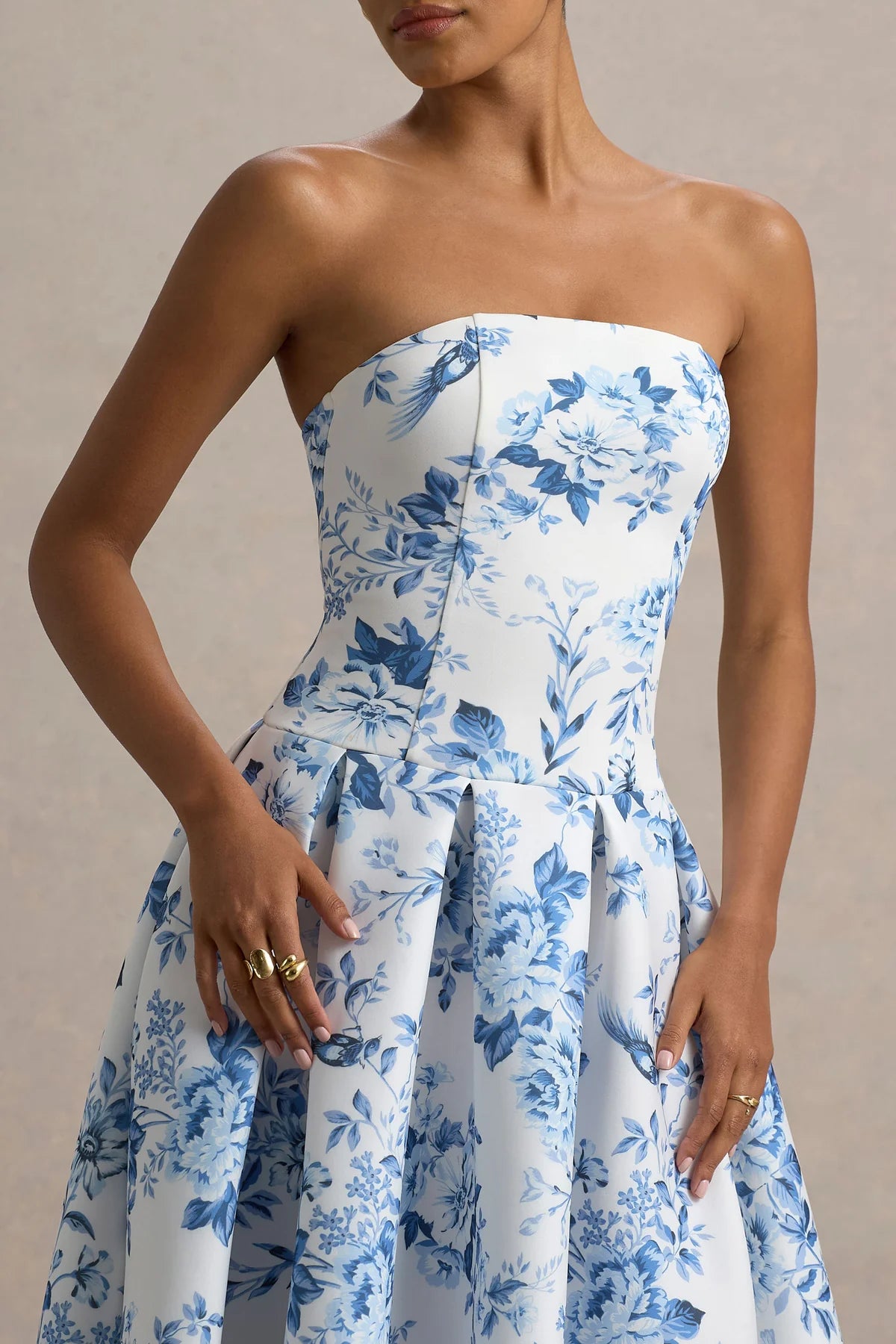 Alouro White Porcelain Print – Volume Skirt Midi Dress