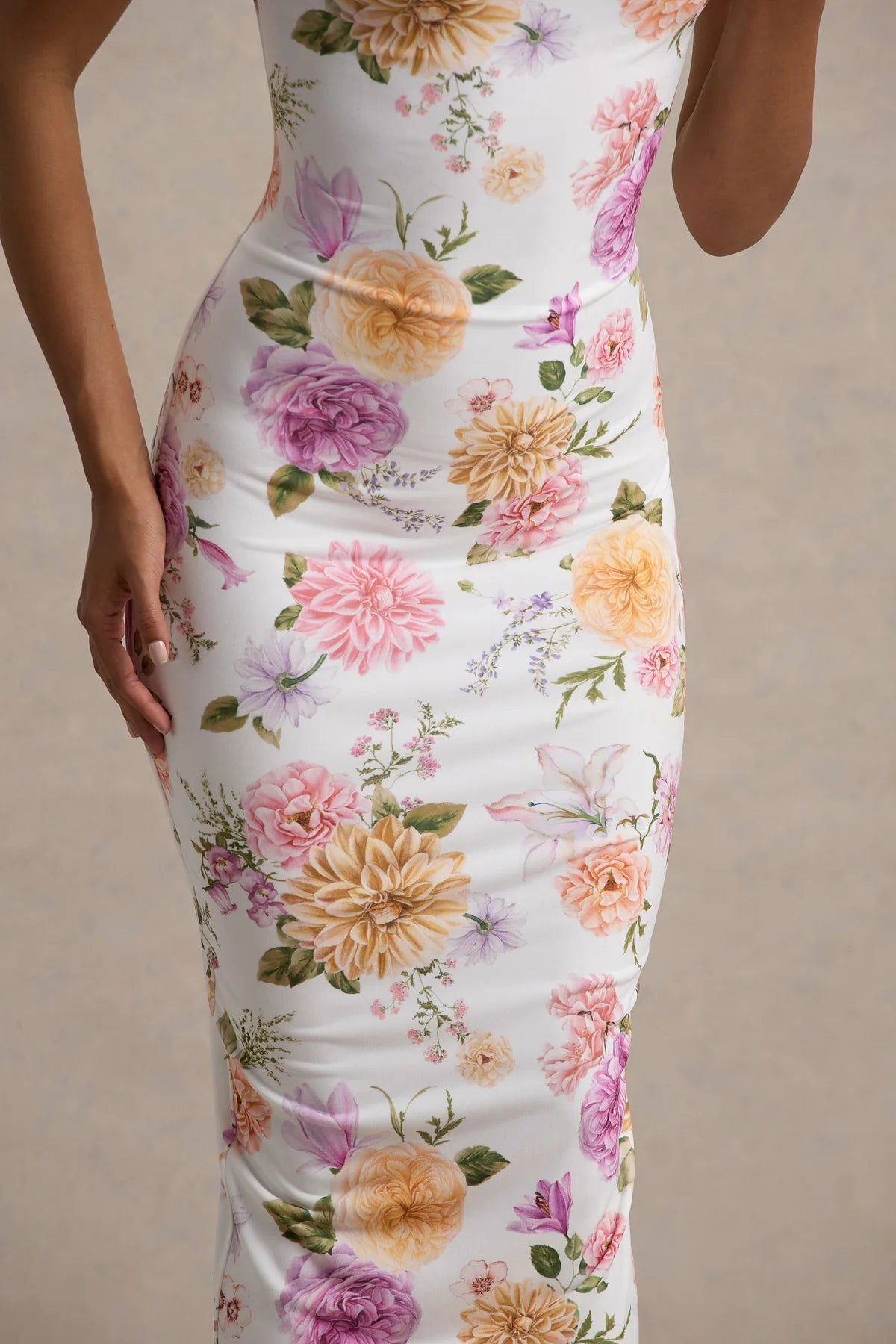 Alouro Peach And Lilac Floral Twisted Midi Dress