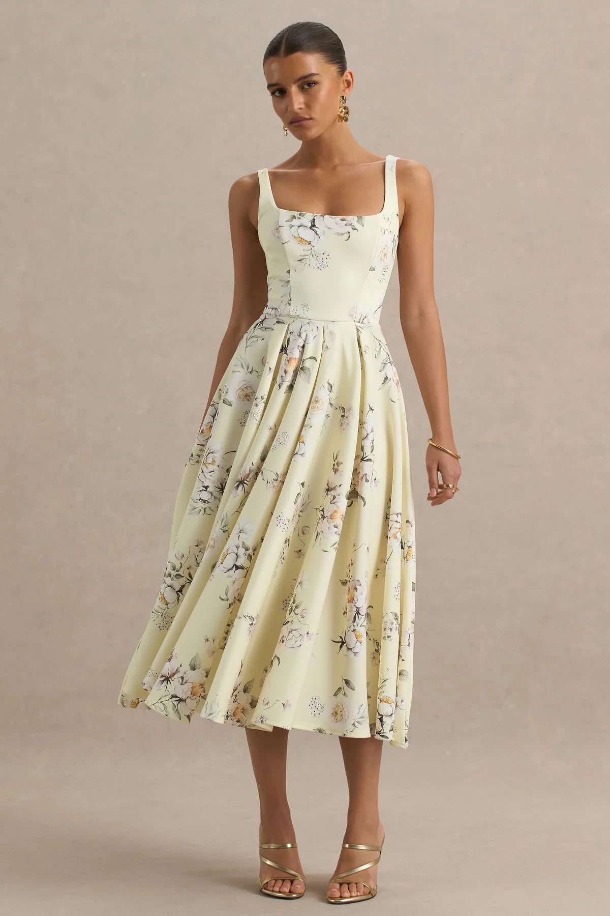 Alouro Lemon Floral Print Square-Neck Midi Dress