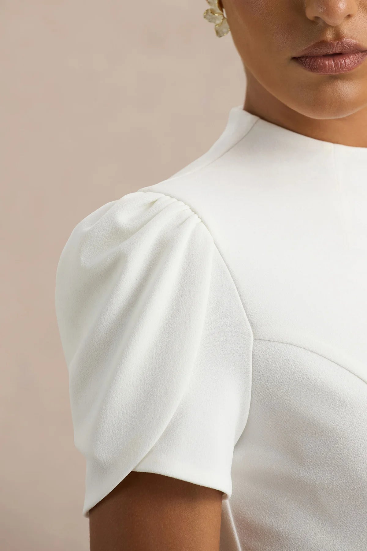 Alouro White High Neck Midi Dress With Puff Sleeves