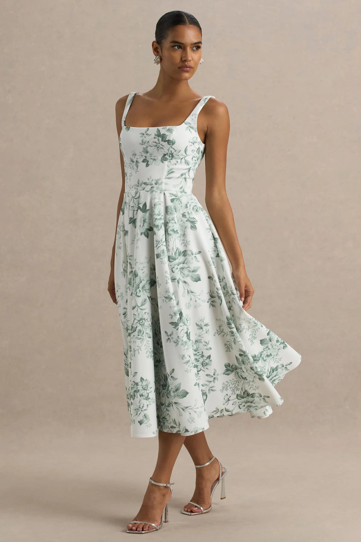 Alouro White – Green Print Square-Neck Midi Dress