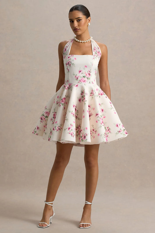 Alouro Cream and Pink Halter-Neck Mini Dress