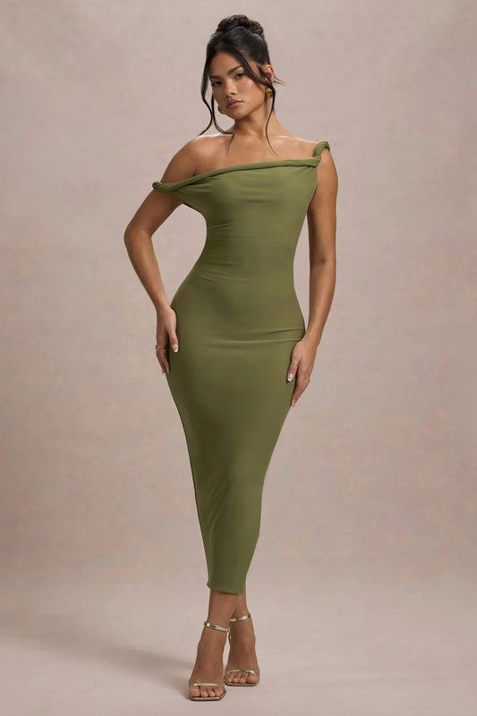 Alouro Olive Twisted Midi Dress