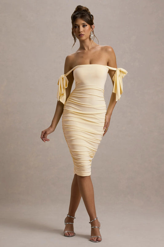 Alouro Pale Lemon Bodycon Bow Sleeves Midi Dress