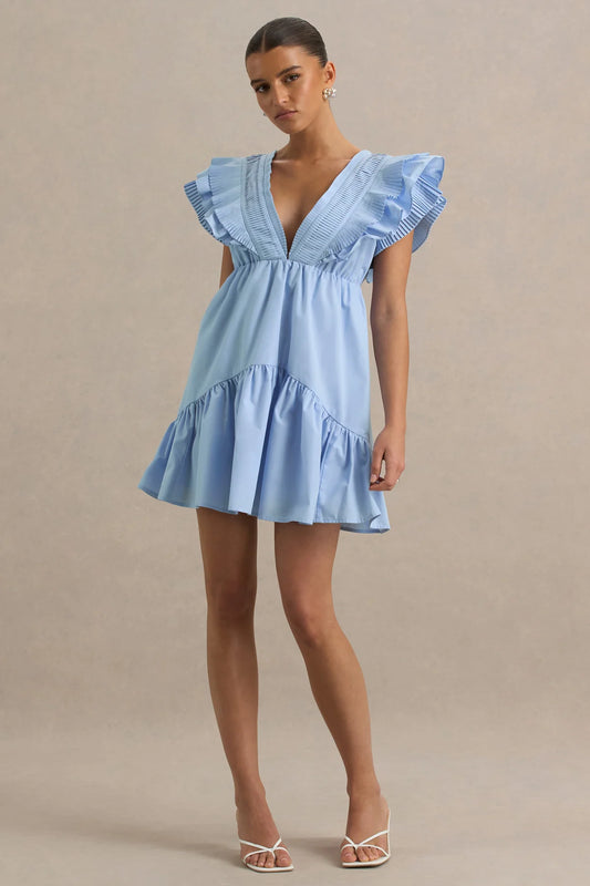 Alouro Blue V-Neck Ruffled Mini Dress
