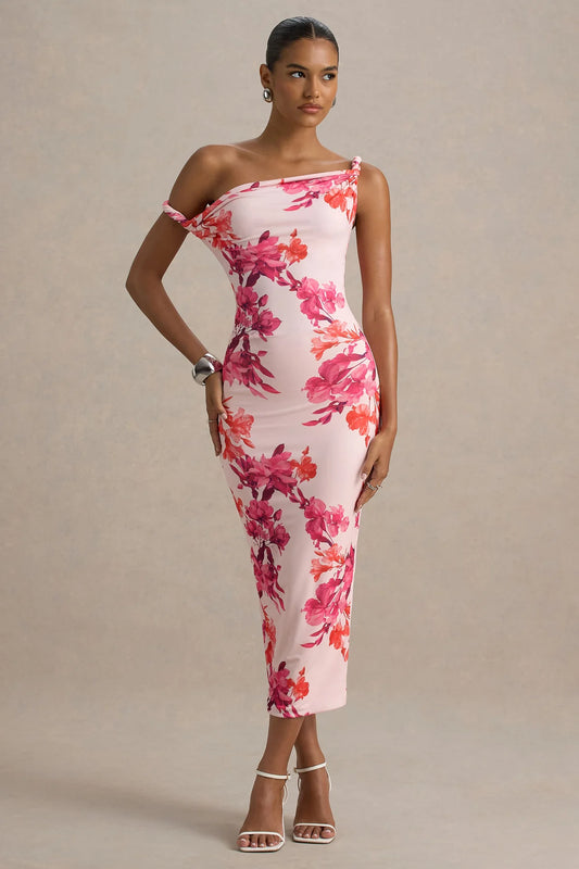 Alouro Pink – Orange Floral Print Twisted Midi Dress