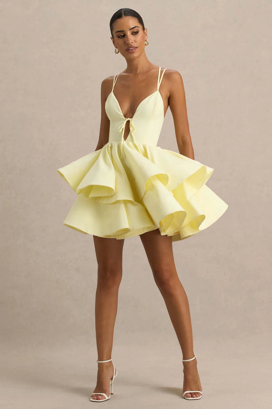Alouro Lemon Plunge-Neck Ruffled Micro-Mini Dress