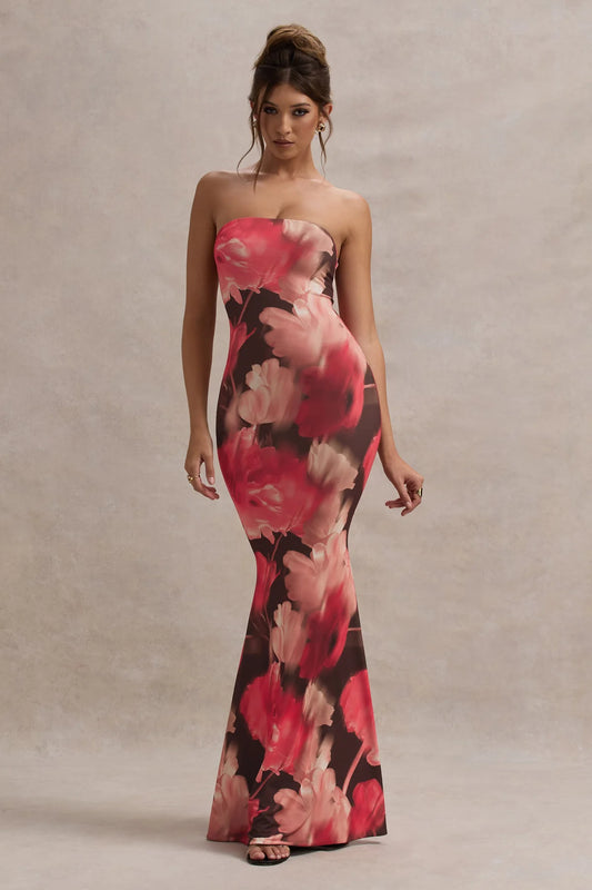 Alouro Red Floral Print Fishtail Maxi Dress