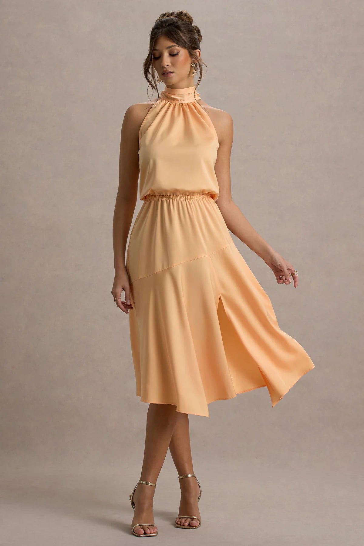 Alouro Peach Satin High-Neck Midi Dress