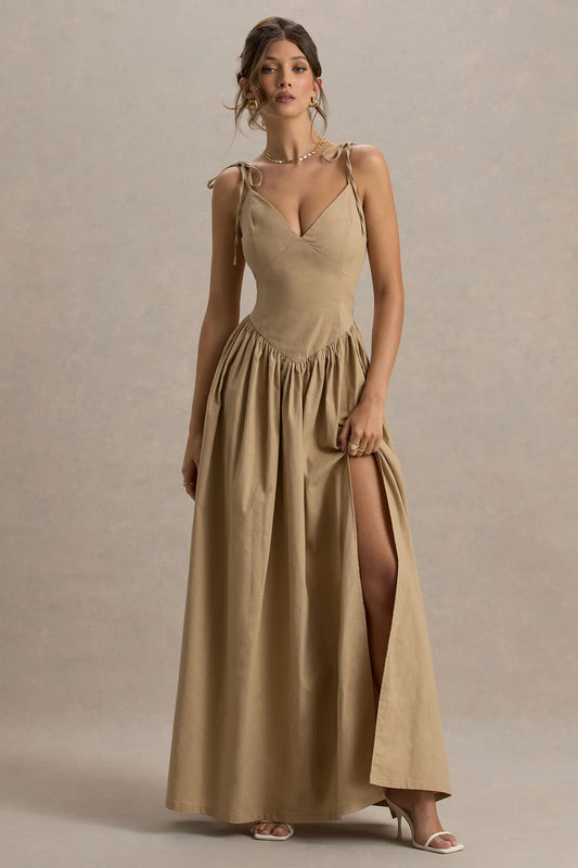 Alouro Tan Linen Plunge Neckline Maxi Dress