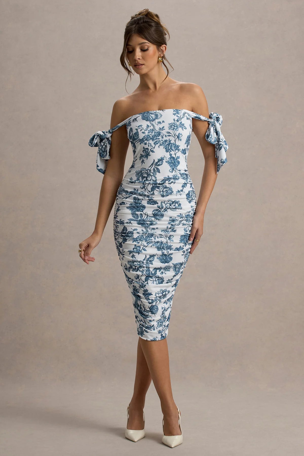 Alouro Blue Porcelain Bodycon Bow Sleeves Midi Dress
