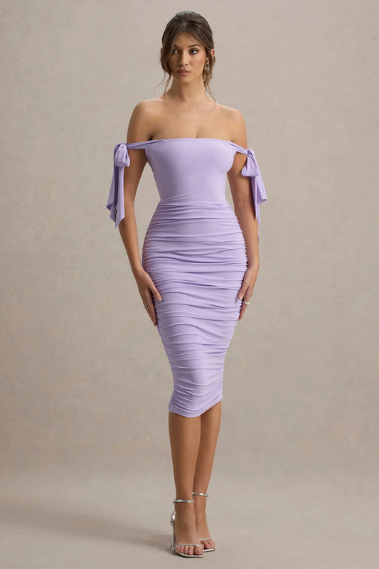 Alouro Lilac Bodycon Bow Sleeves Midi Dress