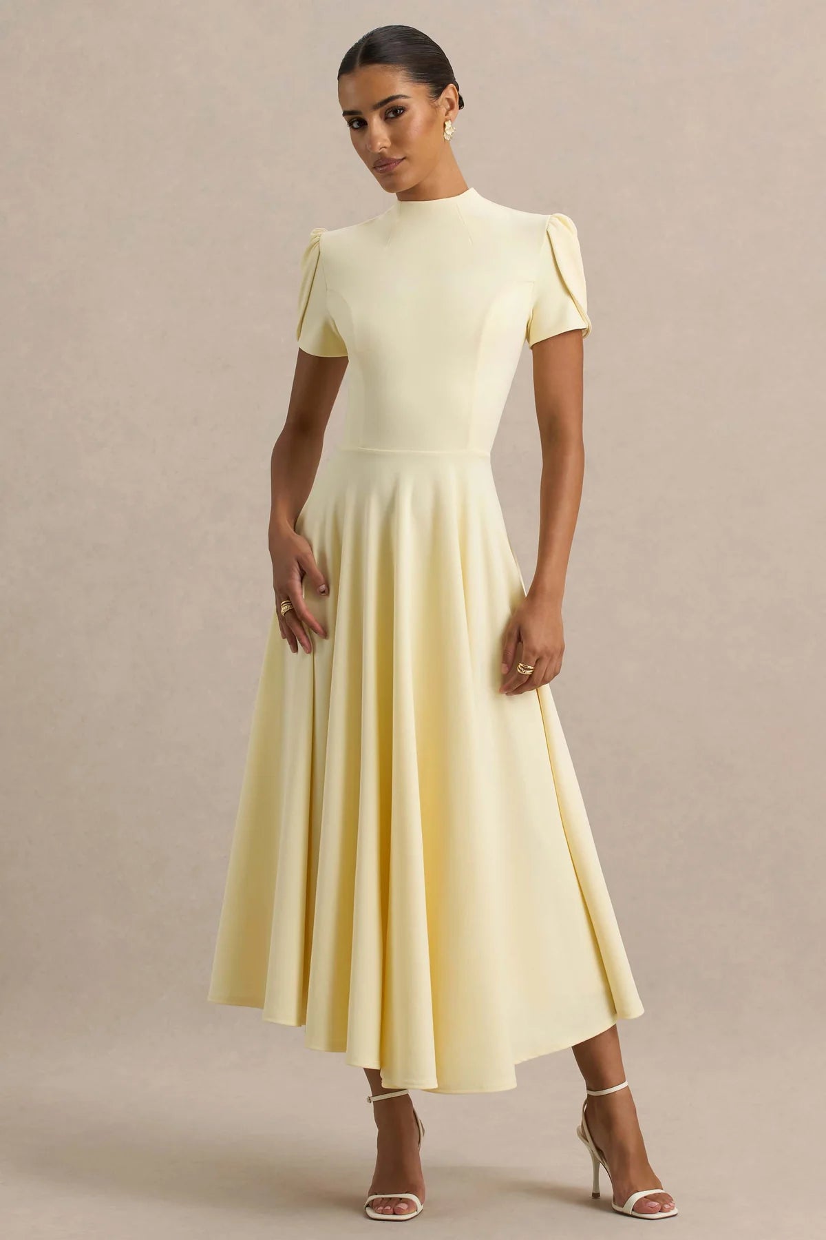 Alouro Lemon High Neck Midi Dress With Puff Sleeves