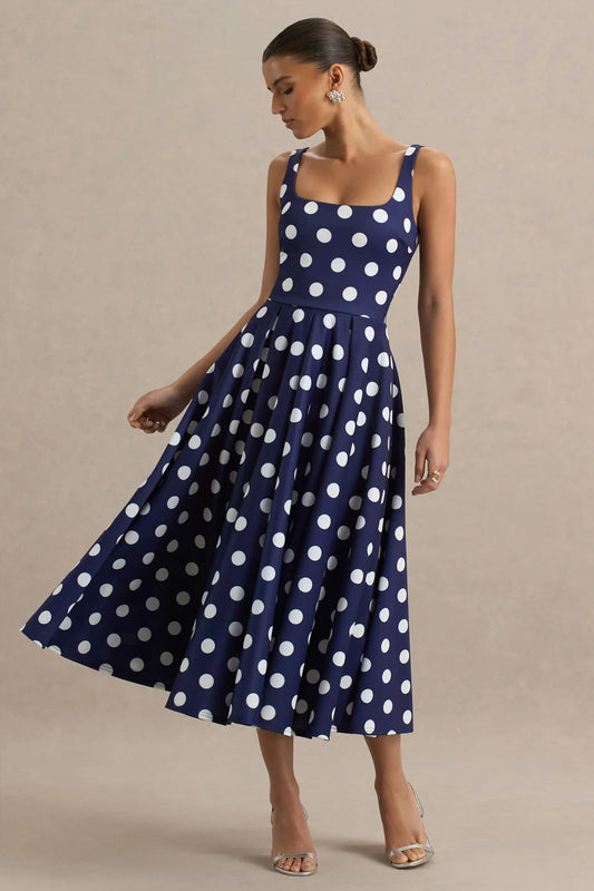 Alouro Navy And White Square-Neck Midi Dress