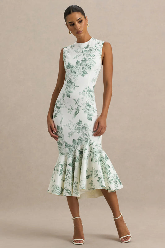 Alouro White – Green Floral High-Neck Midi Dress