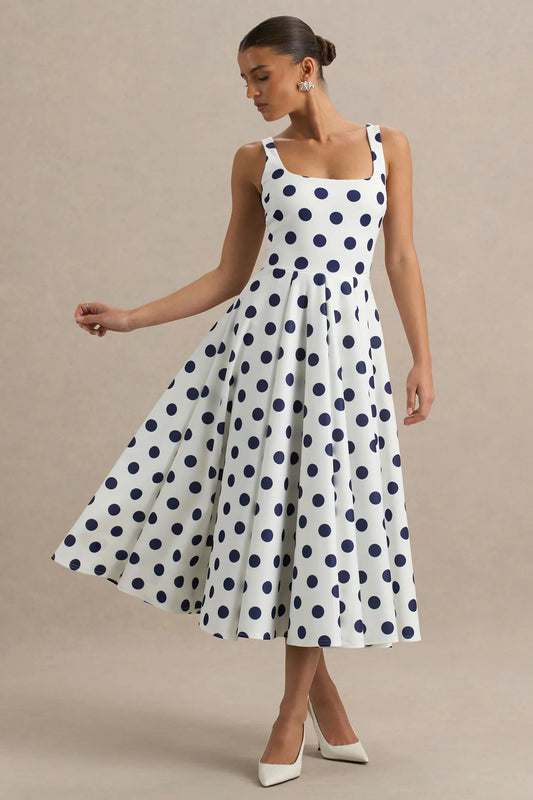 Alouro White And Navy Square-Neck Midi Dress