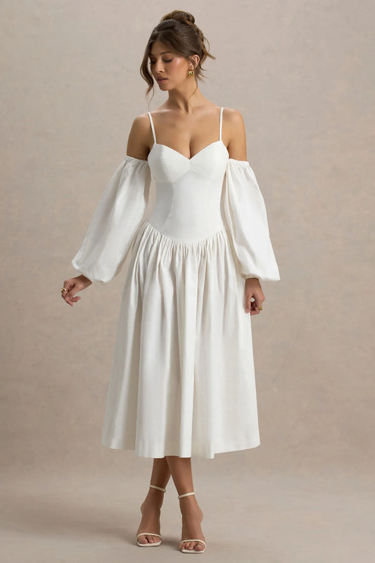 Alouro Cream Sweetheart – Balloon Sleeves Midi Dress