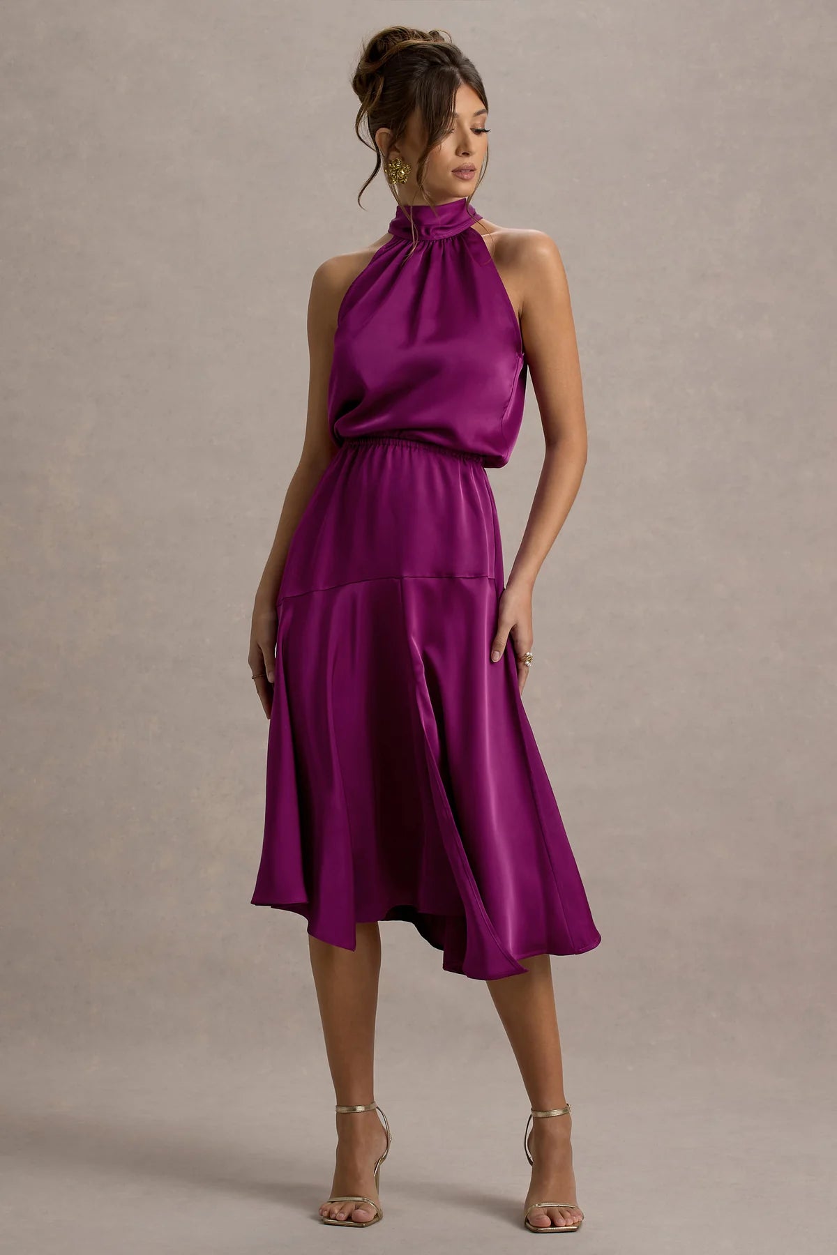 Alouro Dark Pink Satin High-Neck Midi Dress
