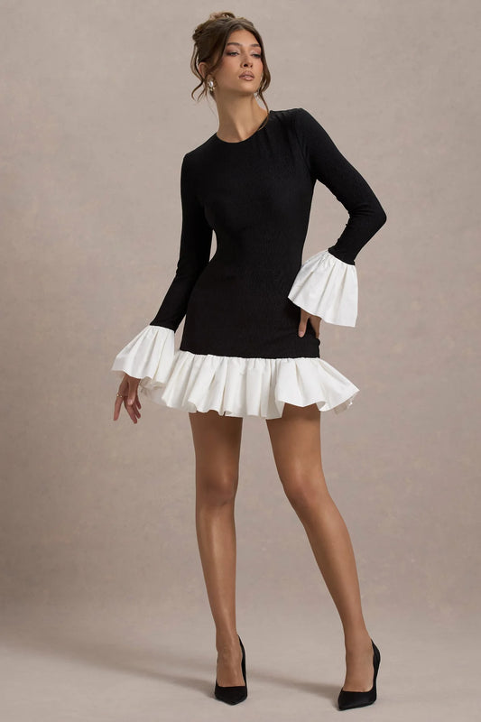 Alouro Black – White Satin Trims Long-Sleeve Mini Dress