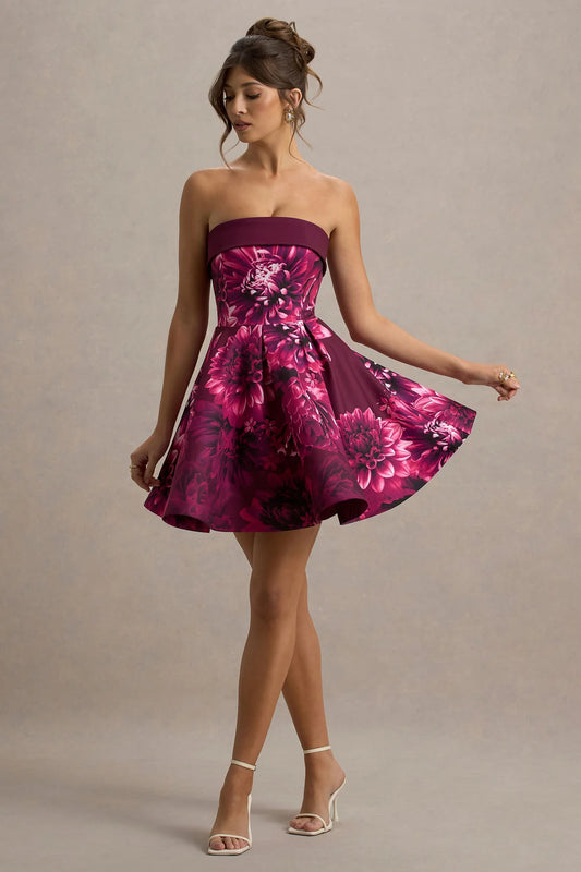Alouro Pink Floral Print Volume Skirt Mini Dress