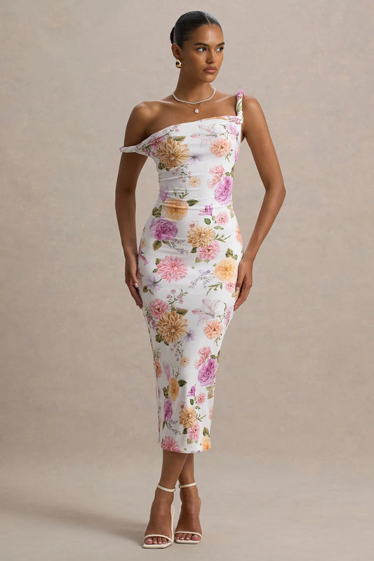 Alouro Peach And Lilac Floral Twisted Midi Dress