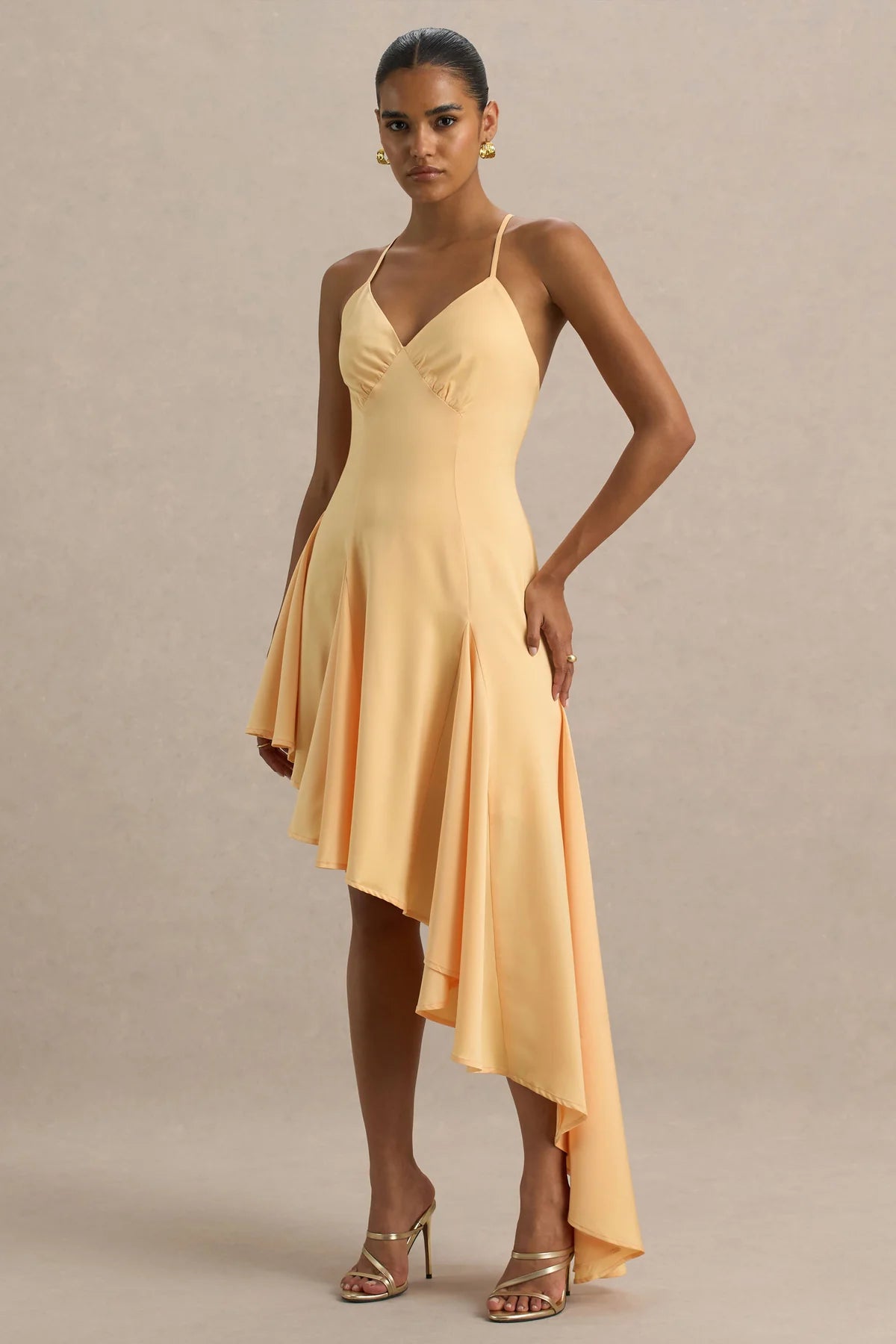 Alouro Peach Satin Hem Plunge-Neck Maxi Dress