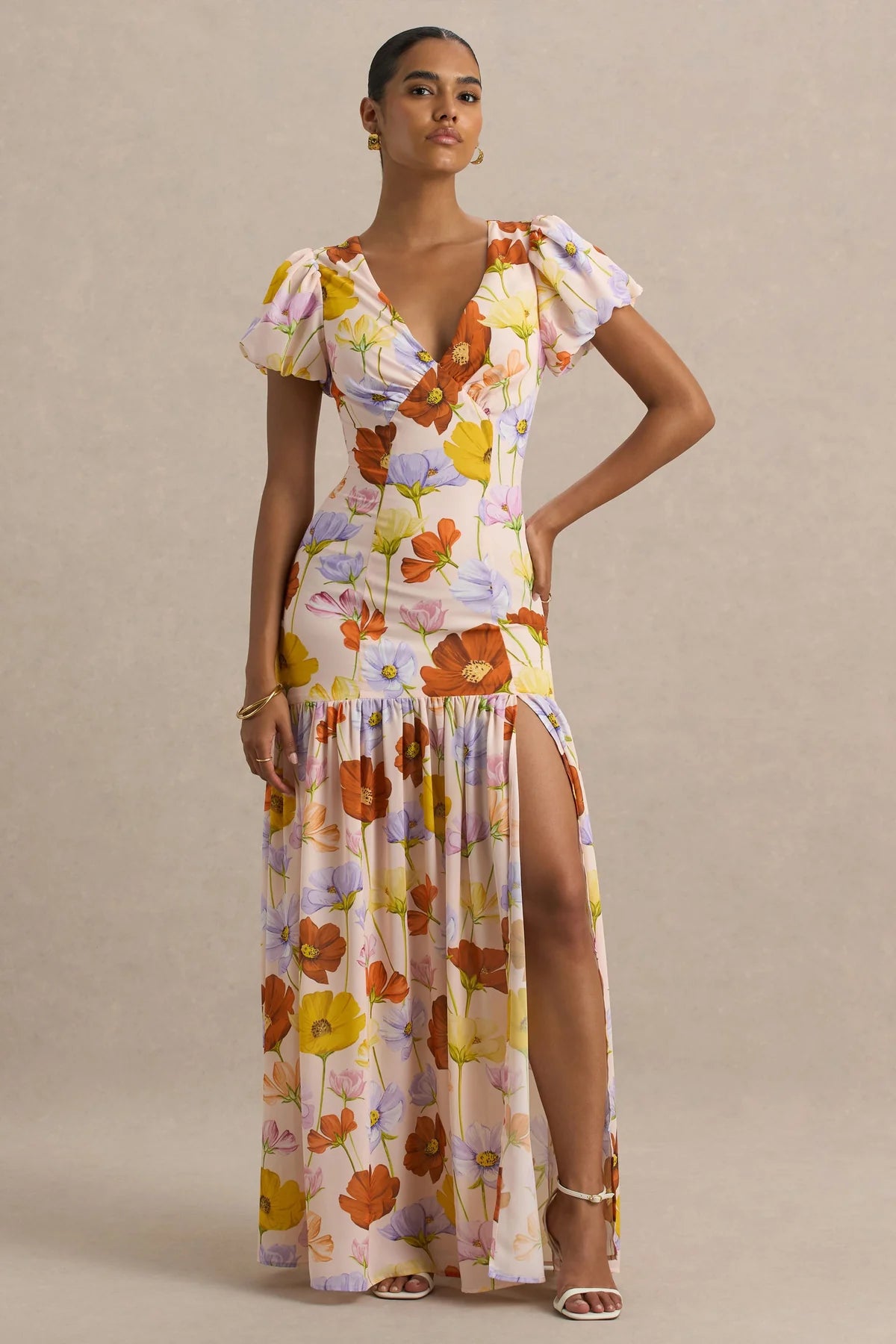 Alouro Bright Floral Puff-Sleeve Split Maxi Dress