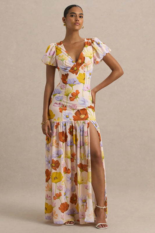 Alouro Bright Floral Puff-Sleeve Split Maxi Dress