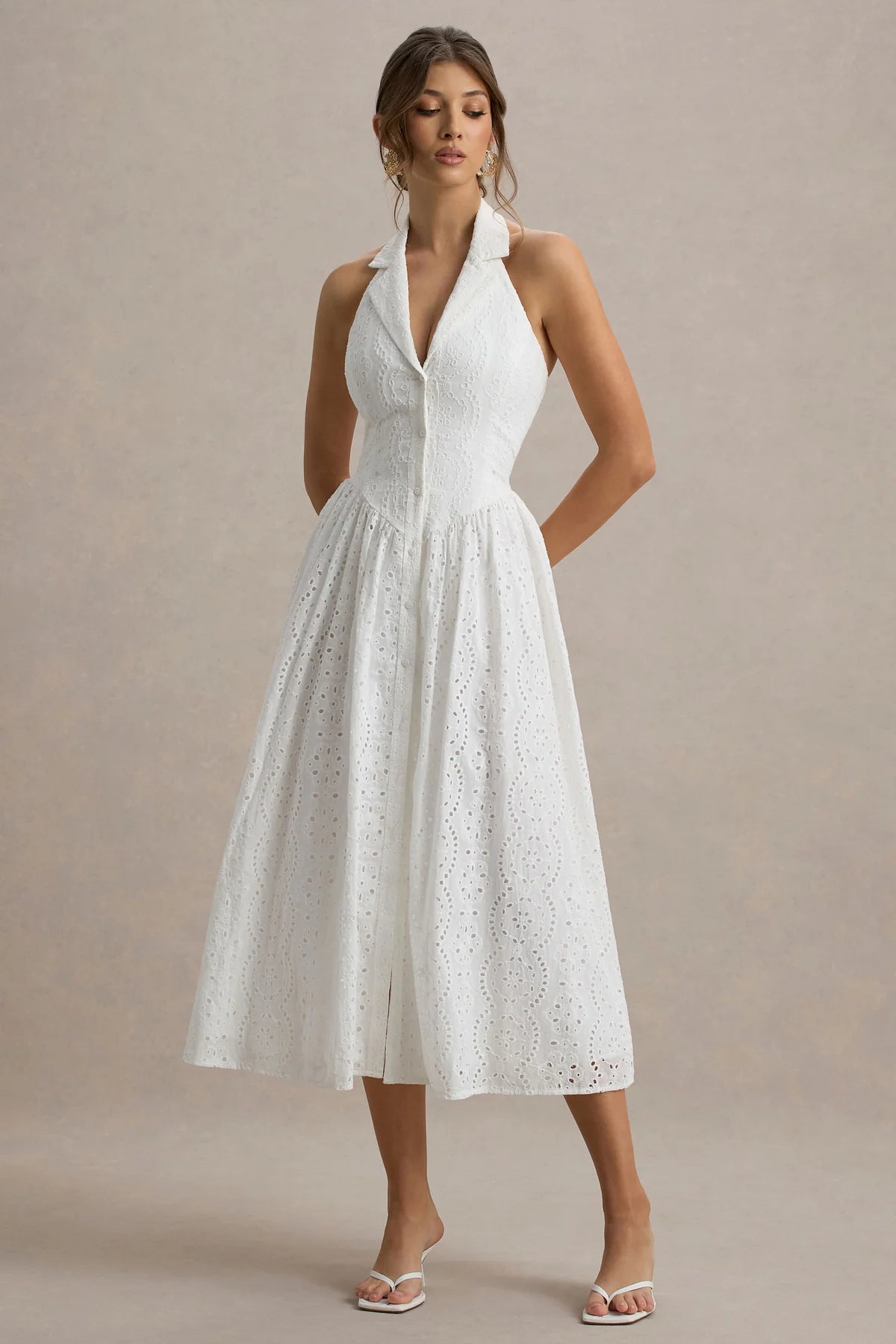 Alouro White Plunge-Neck Collared Midi Dress