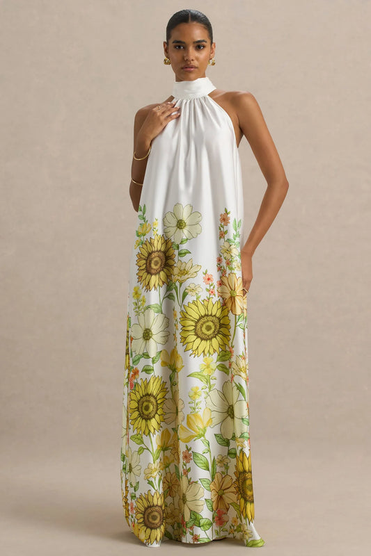 Alouro Sunflower Print High-Neck Maxi Dress