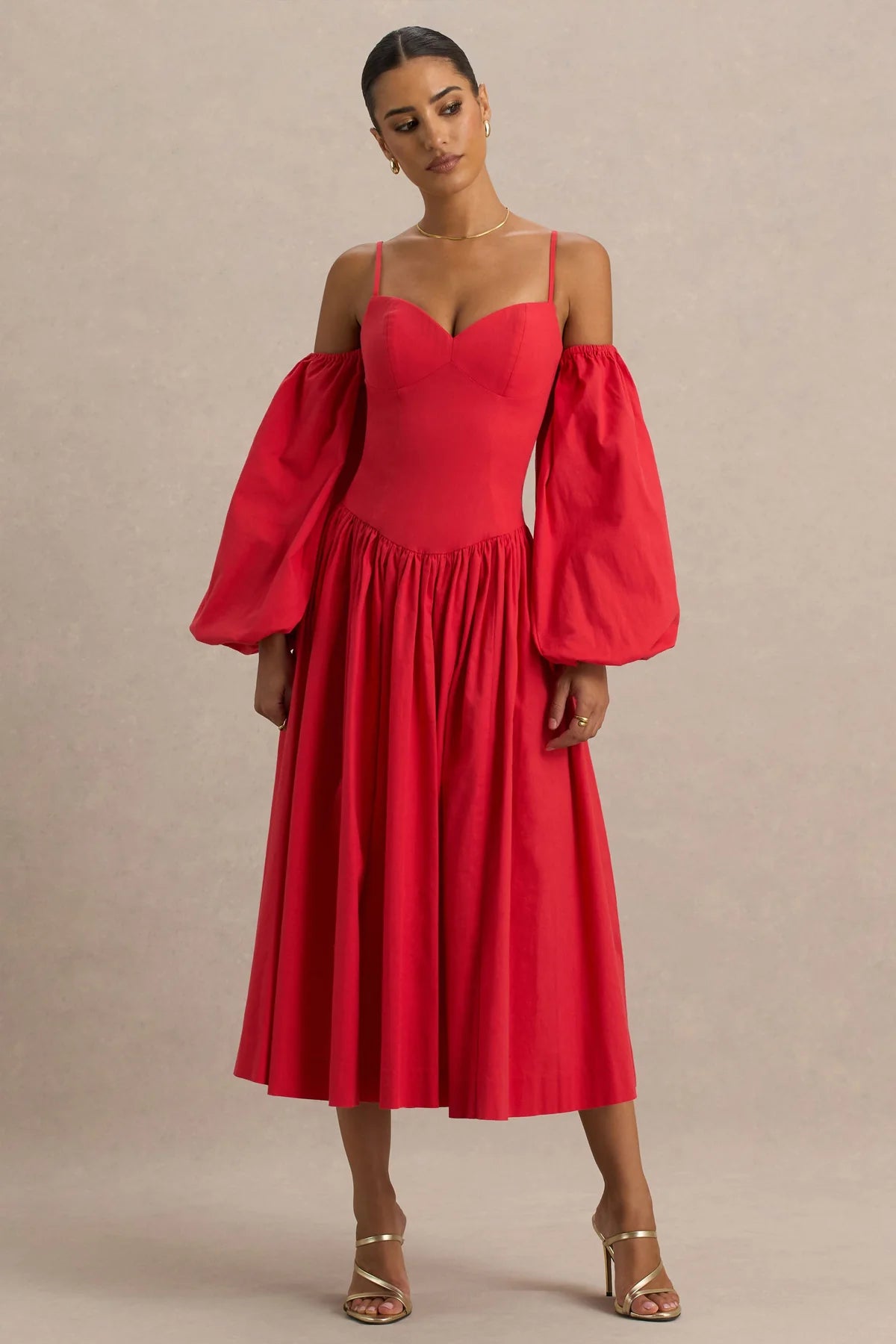 Alouro Red Sweetheart – Balloon Sleeves Midi Dress
