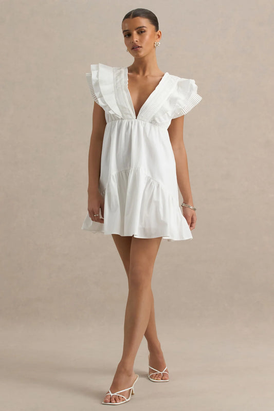 Alouro White V-Neck Ruffled Mini Dress
