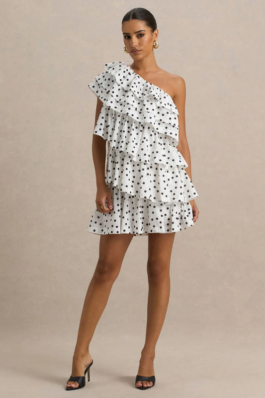 Alouro White Polka Dot Ruffled Mini Dress