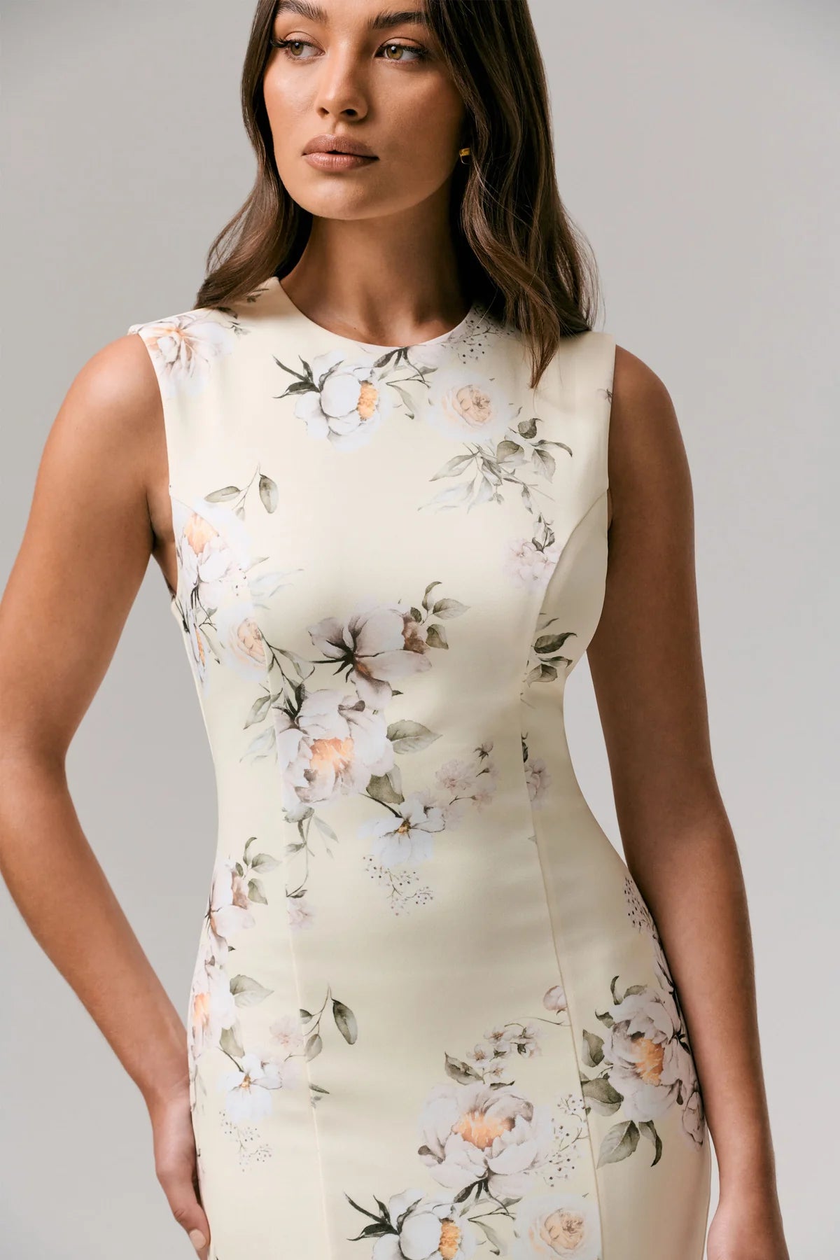 Alouro Ivory – Lemon Print High-Neck Fishtail Midi Dress