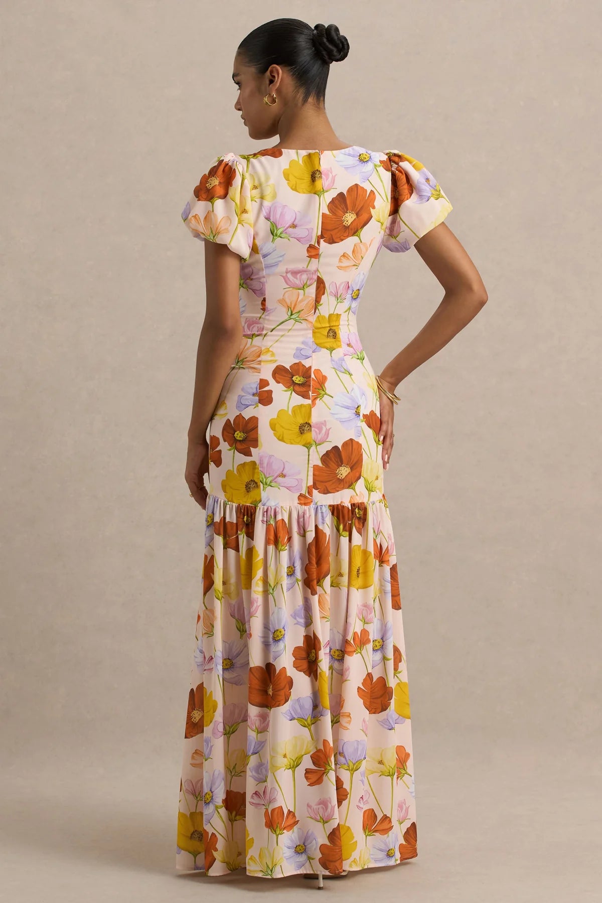 Alouro Bright Floral Puff-Sleeve Split Maxi Dress