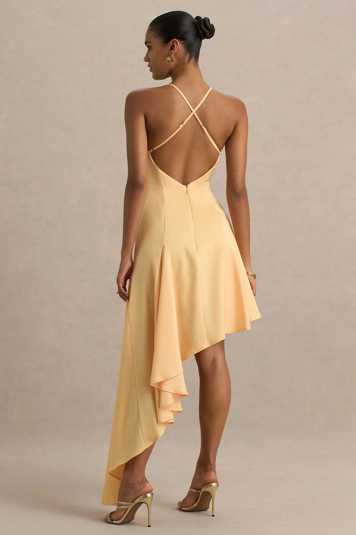 Alouro Peach Satin Hem Plunge-Neck Maxi Dress