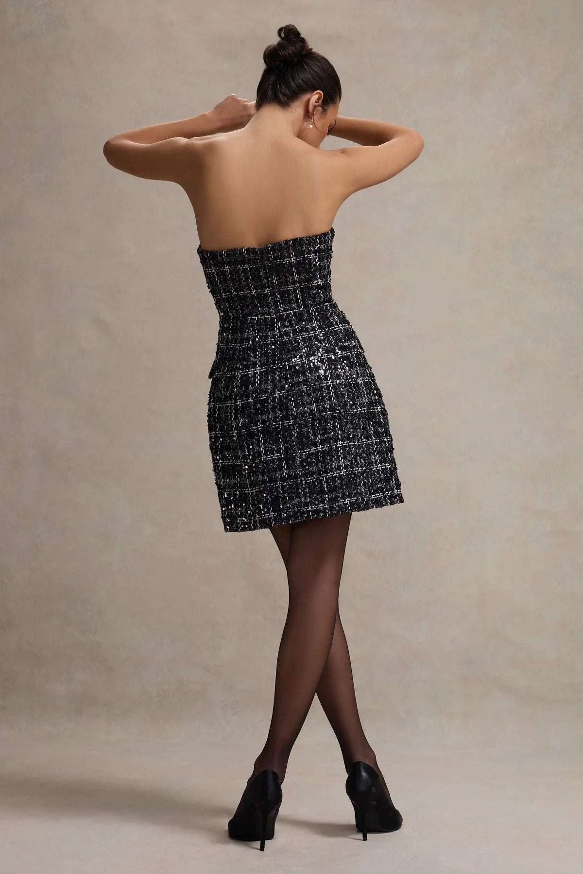 Alouro Black Boucle Strapless Tailored Mini Dress