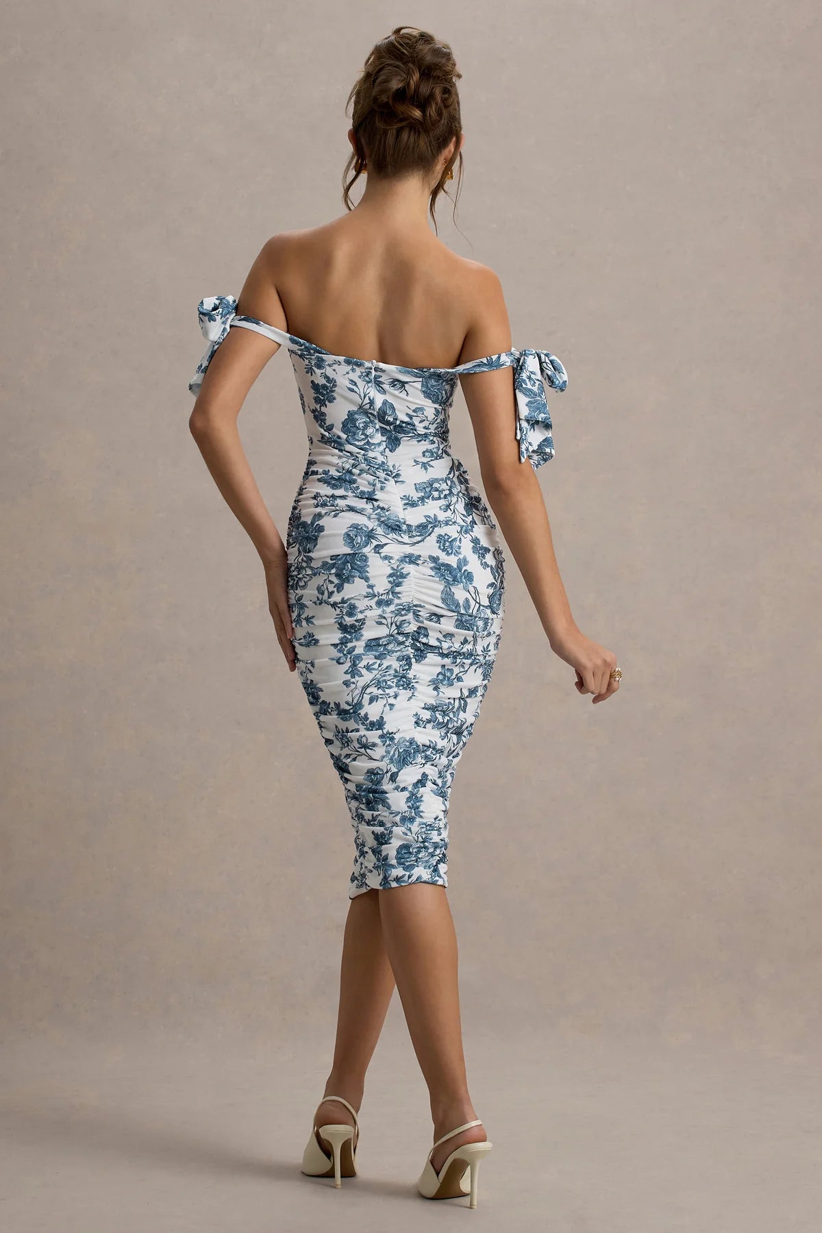 Alouro Blue Porcelain Bodycon Bow Sleeves Midi Dress