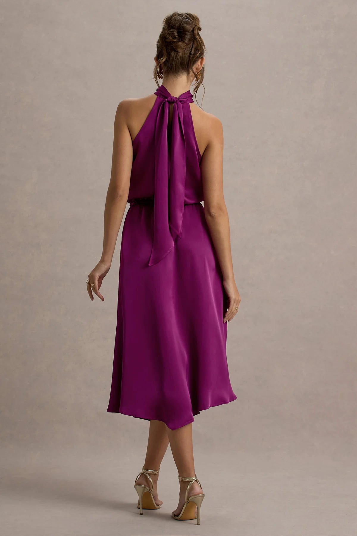 Alouro Dark Pink Satin High-Neck Midi Dress