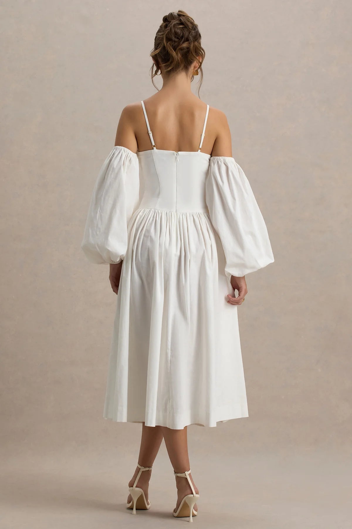 Alouro Cream Sweetheart – Balloon Sleeves Midi Dress