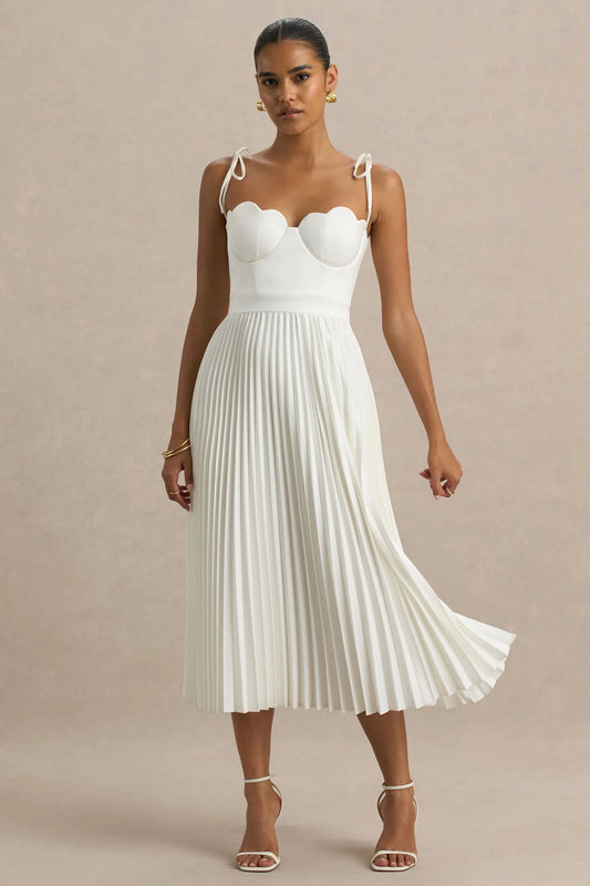 Alouro Cream Satin With Pleated Skirt Midi Dress