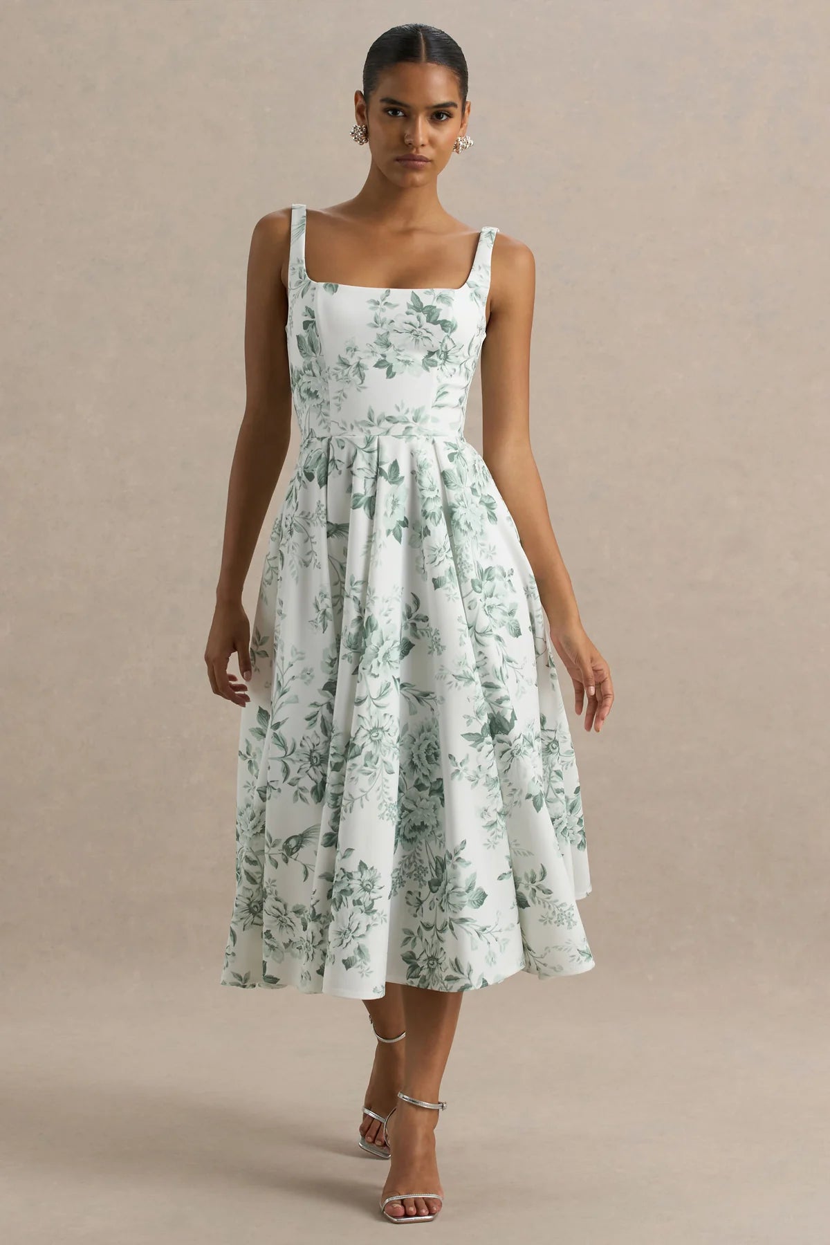 Alouro White – Green Print Square-Neck Midi Dress