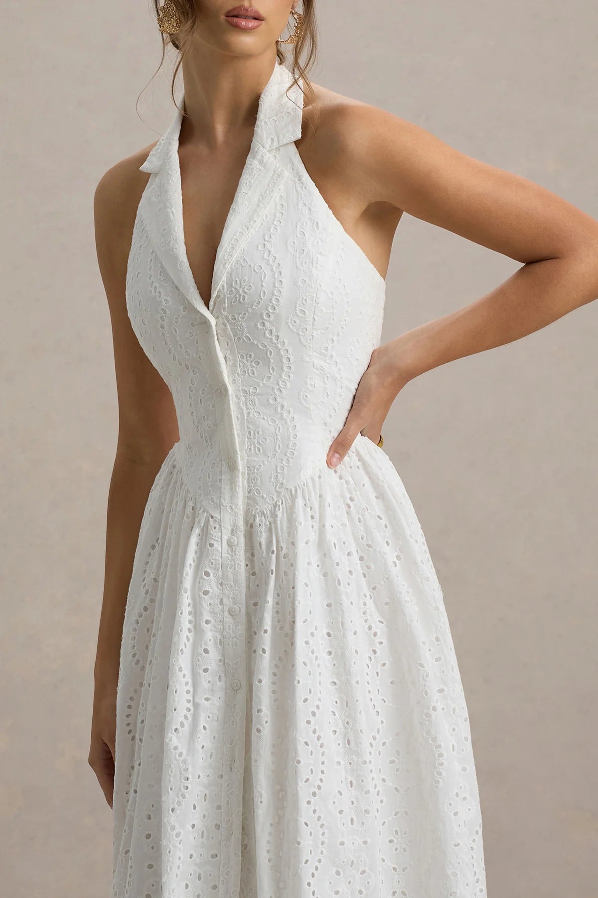Alouro White Plunge-Neck Collared Midi Dress