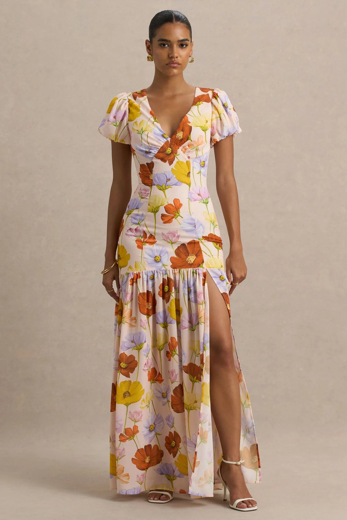 Alouro Bright Floral Puff-Sleeve Split Maxi Dress