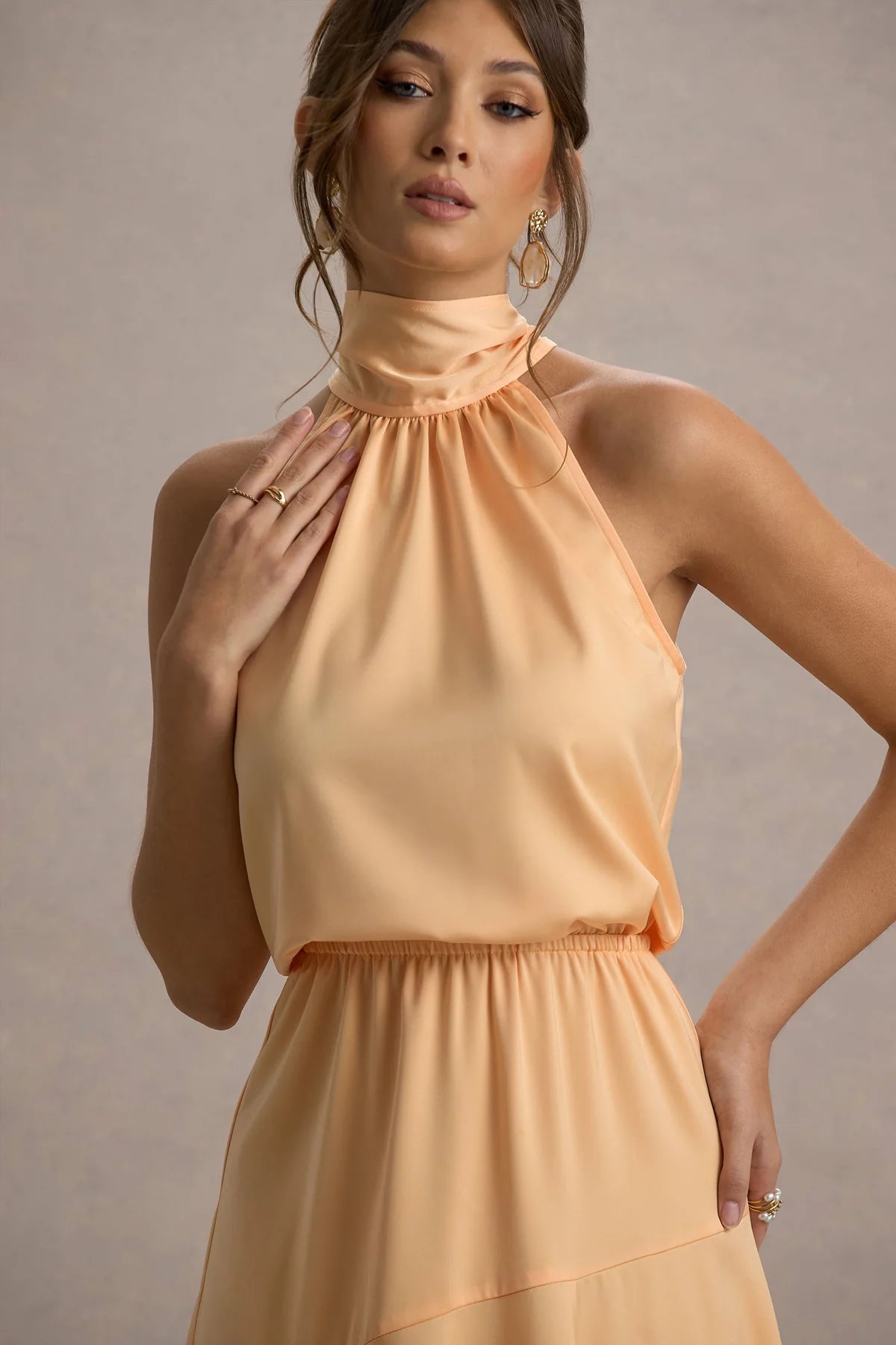 Alouro Peach Satin High-Neck Midi Dress