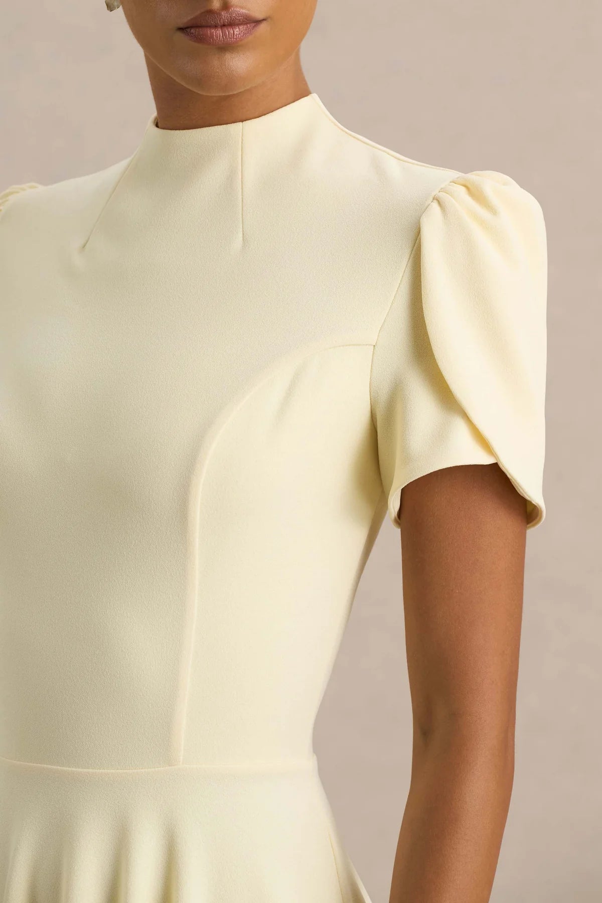 Alouro Lemon High Neck Midi Dress With Puff Sleeves